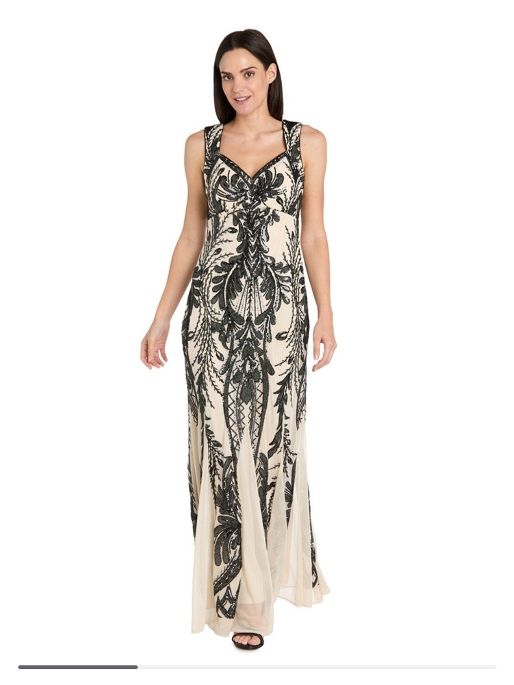 Nightway Sequin Embellished Sleeveless Gown Black & Cream